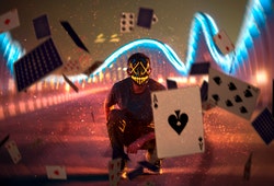 Futuristic man holding ace of spades card.