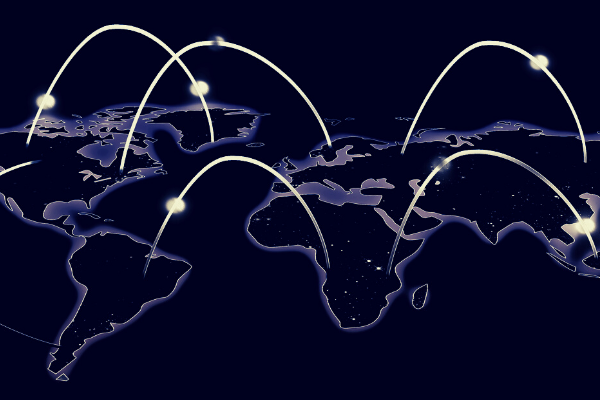 Illuminated map of the world with the countries outlined in light