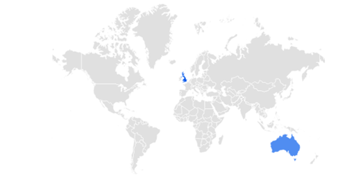 A worldwide map of where people have searched for "gambling licence" and the only highlighted countries are the UK and Australia. This is a map from Google Trends