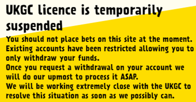 An image from Global Genesis casinos explaining their suspension. It says UKGC licence temporarily suspended You should not place bets on this site at the moment. Existing accounts have been restricted allowing you to only withdraw your funds. Once you request a withdrawal on your account we will do our upmost to process it ASAP. We will be working extremely close with the UKGC to resolve this situation as soon as we possibly can.