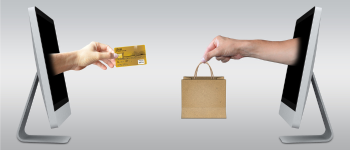 A picture of a hand reaching out of a screen while holding a credit card, reaching out to another hand coming out of another screen on the opposite side, who's holding a bag. It represents merchant sales and therefore the problem gambling tool. 