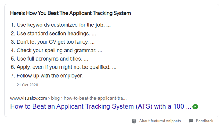 A picture of the top search result on Google for "how to beat job application algorithms". It has a list of techniques, such as using keywords. 