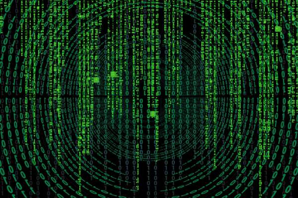 A picture of what looks like the code from the Matrix - green letters and numbers made of light against a black backdrop - futuristic looking. 