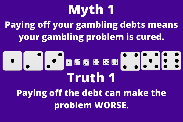 A picture that says: Myth 1 Paying off your gambling debts means your gambling problem is cured. Truth 1 Paying off the debt can make the problem WORSE.