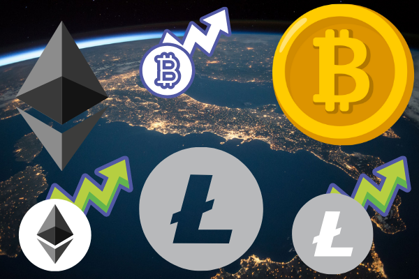 A picture of some cryptocurrencies (the bitcoin, ethereum, and litecoin logos). Each is repeated twice. One of each also has an arrow coming off it pointing up, which represents the increase in value. The background is a picture of the earth seen from space. 