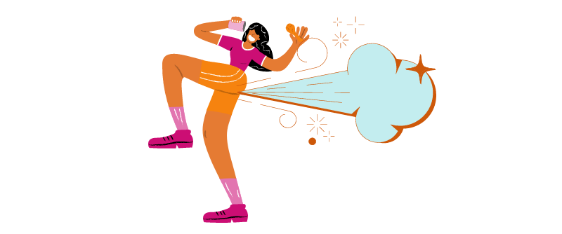 A cartoon lady cocking her leg up with a big blast of air coming out of her bottom. To represent farting. 