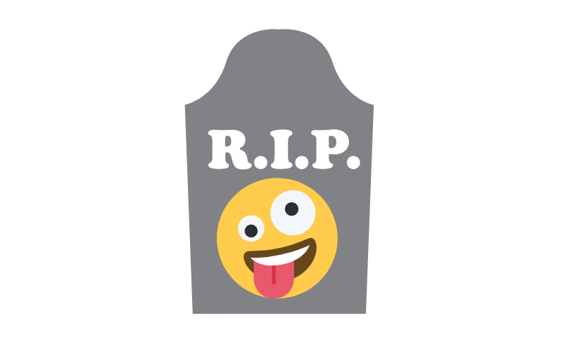 A cartoon of a gravestone that says "R.I.P" with a crazy face emoji on it. 